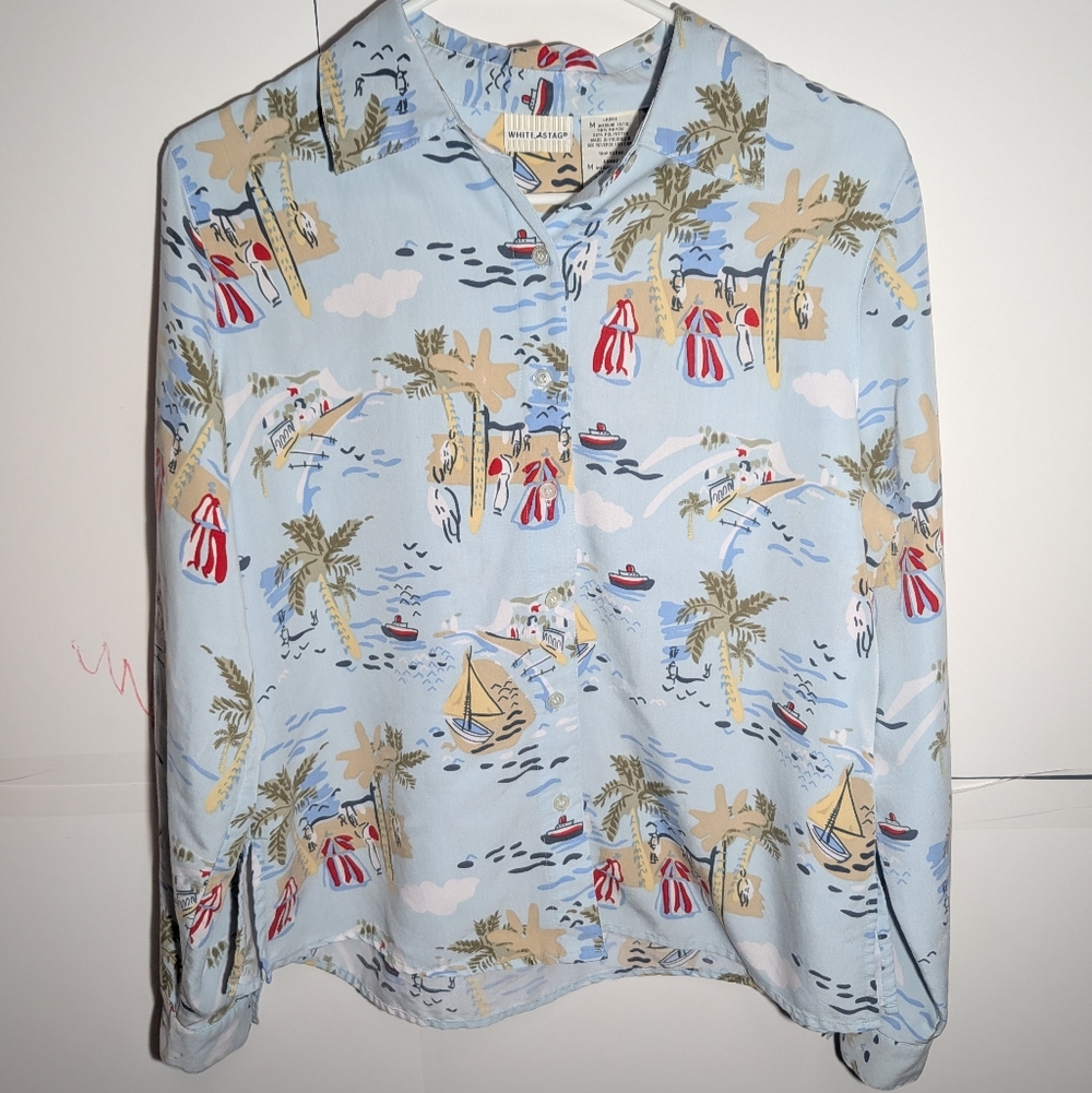VINTAGE White Stag Tropical Beach Scenes Blouse | Blue Nautical Coastal Shirt